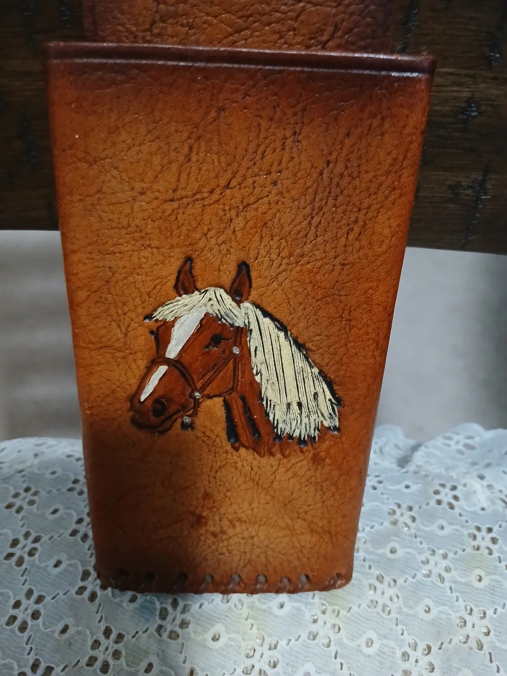 Brown Leather Wall Pocket with Painted Horse Accent